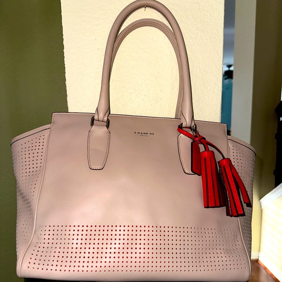 Coach Handbags - Coach Legacy Leather Perforated Medium Beige w/Coral tassel 22390